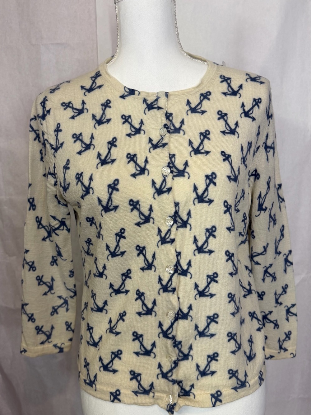 Garnet Hill Cream and Navy Anchor Button-Front Top